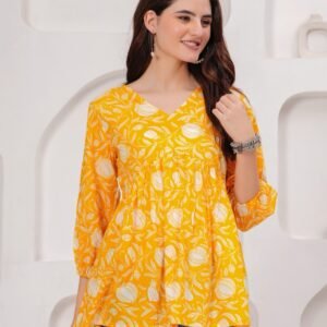 Yellow White Printed kurti