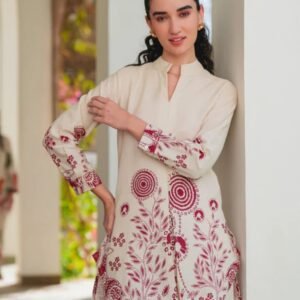 Cream Colour Red Printed Coat Set
